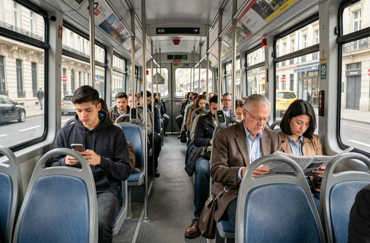 Intérieur du bus ligne 92 RATP avec voyageurs assis et vue sur les sièges et couloir