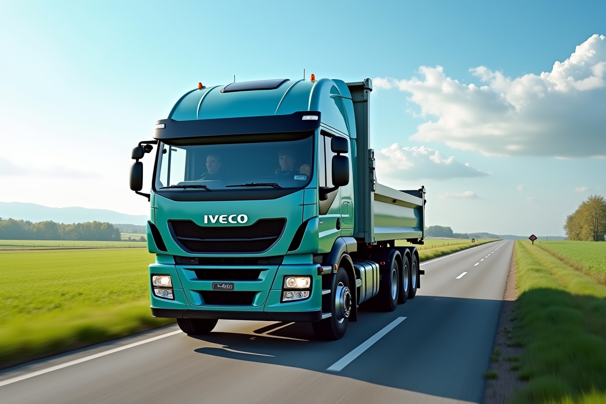 Camion Iveco 3,5 tonnes roulant en campagne avec champs verts