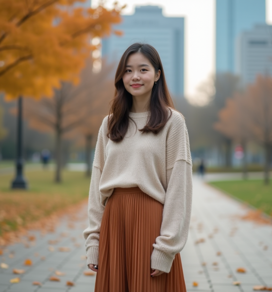 Jeune adulte nonbinaire dans un parc urbain en automne