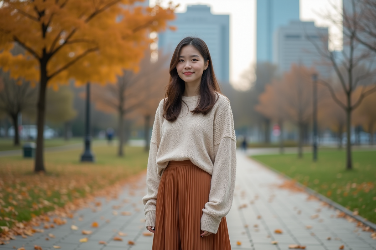Jeune adulte nonbinaire dans un parc urbain en automne