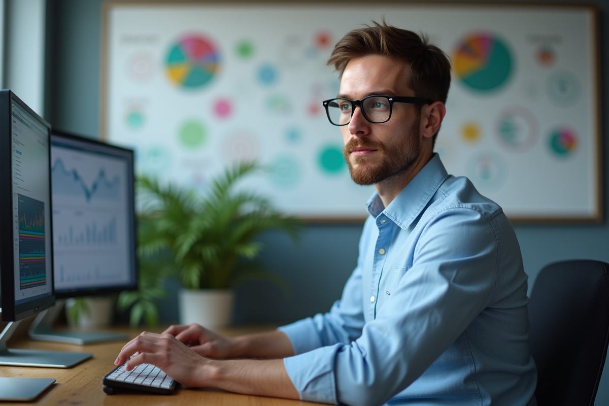 Jeune data scientist analysant des données sur ses écrans