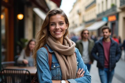 Jeune femme souriante en terrasse à Lyon avec groupe d'amis