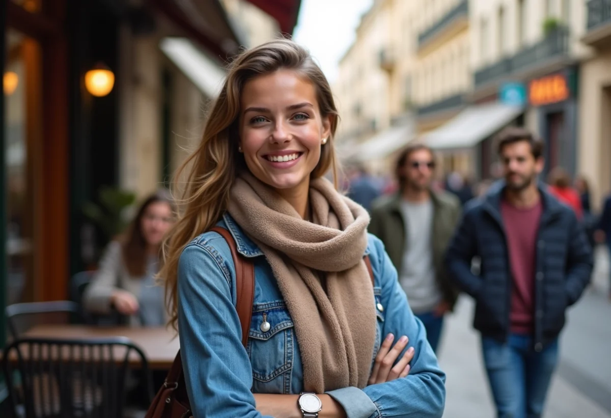 Jeune femme souriante en terrasse à Lyon avec groupe d'amis
