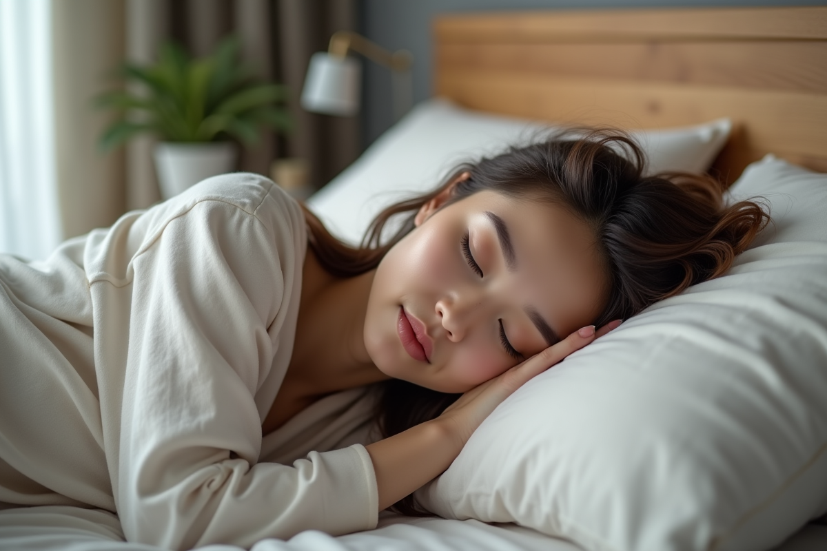 Jeune femme endormie paisiblement dans sa chambre moderne