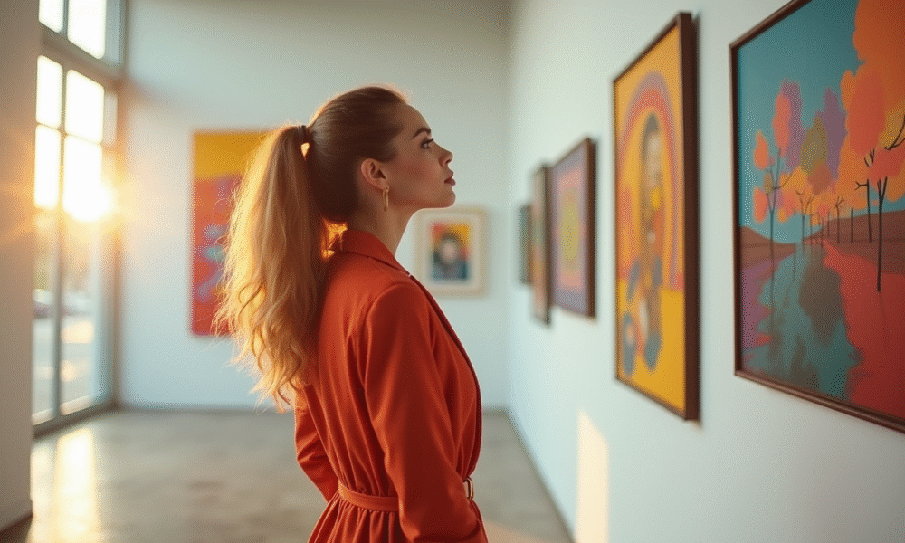 Jeune femme admirant des œuvres modernes dans une galerie lumineuse