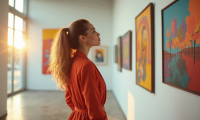 Jeune femme admirant des œuvres modernes dans une galerie lumineuse