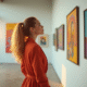 Jeune femme admirant des œuvres modernes dans une galerie lumineuse
