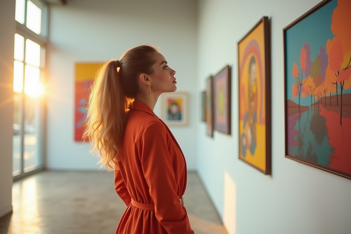 Jeune femme admirant des œuvres modernes dans une galerie lumineuse