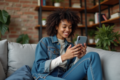 Jeune femme mode urbaine sur canapé dans un appartement