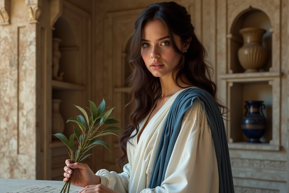 Jeune femme grecque contemplant un autel en pierre