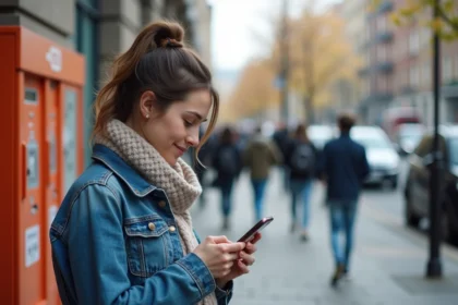 Jeune femme vérifiant son smartphone devant un casier Vinted Go en ville