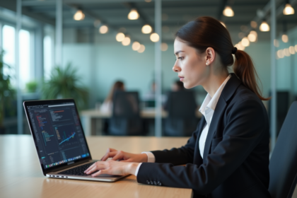 Jeune femme concentrée travaillant sur un ordinateur en bureau moderne