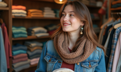 Jeune femme en veste en jean vintage dans une boutique de seconde main