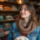 Jeune femme en veste en jean vintage dans une boutique de seconde main