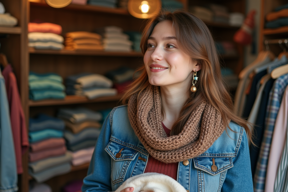 Jeune femme en veste en jean vintage dans une boutique de seconde main