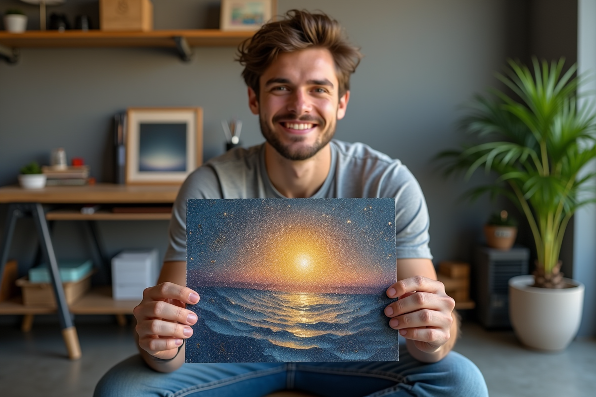 Jeune homme montrant une peinture diamant finie en studio