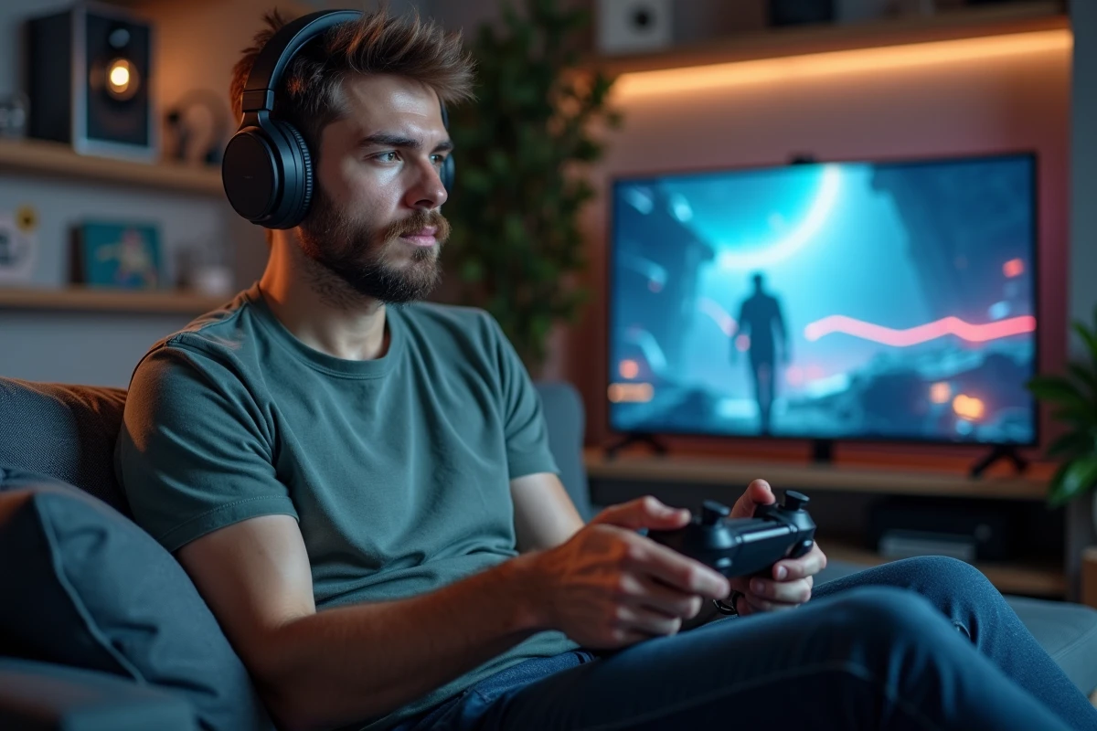 Jeune homme concentré jouant à un jeu vidéo dans un salon cosy