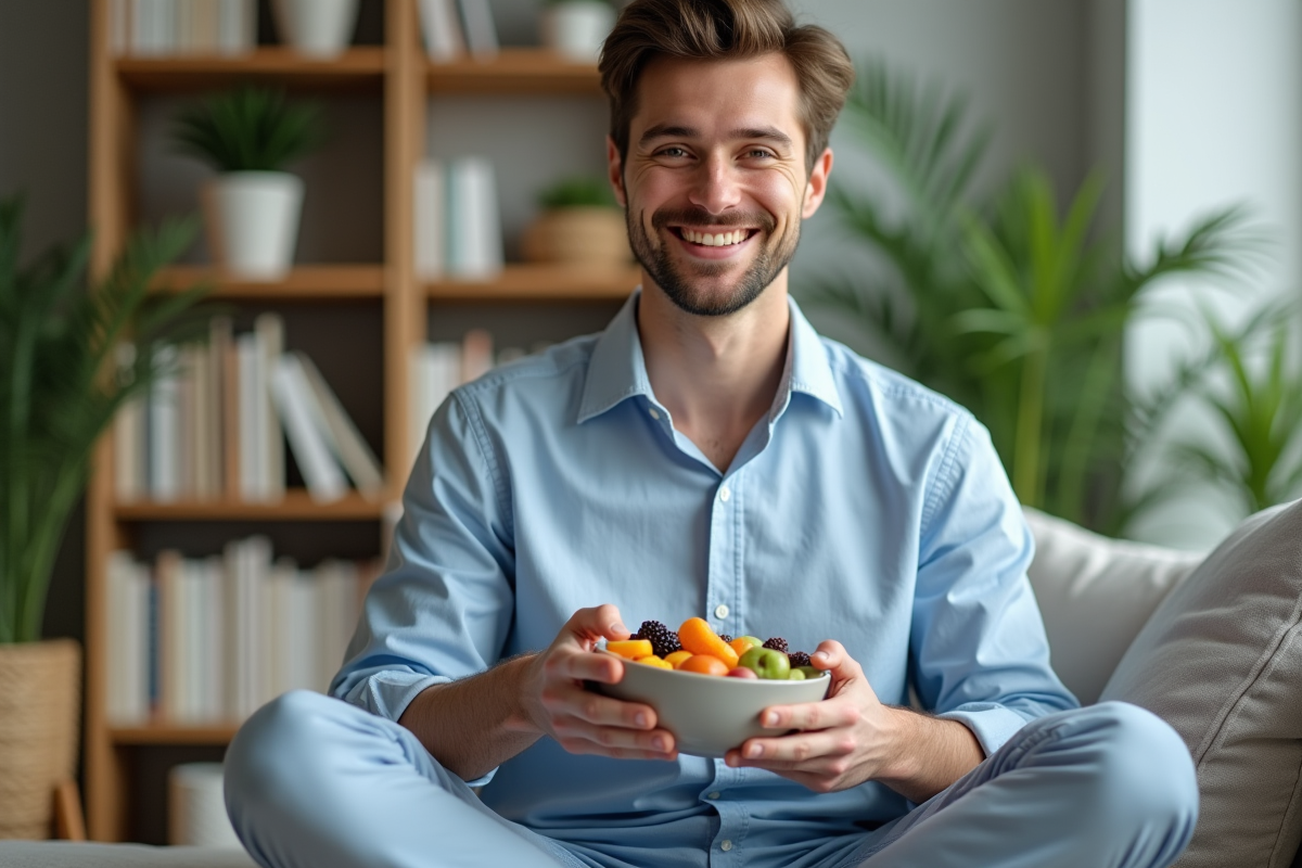Jeune homme souriant avec un bol de fruits frais dans un salon calme