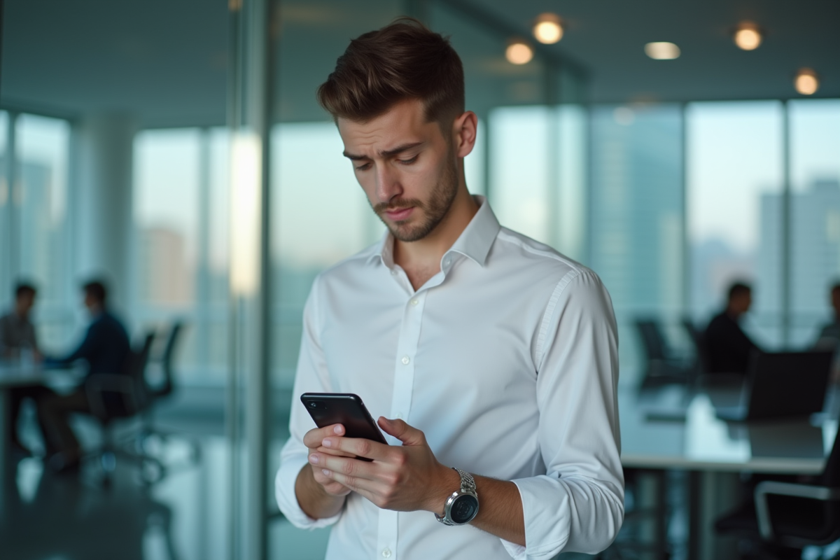 Jeune homme en réunion utilisant son smartphone