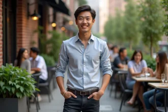 Jeune homme asiatique souriant dans un café urbain