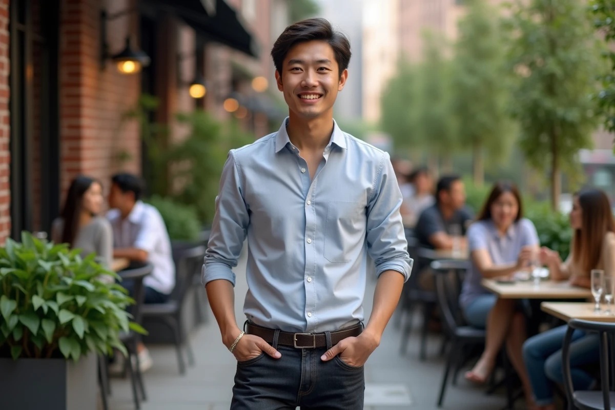 Jeune homme asiatique souriant dans un café urbain