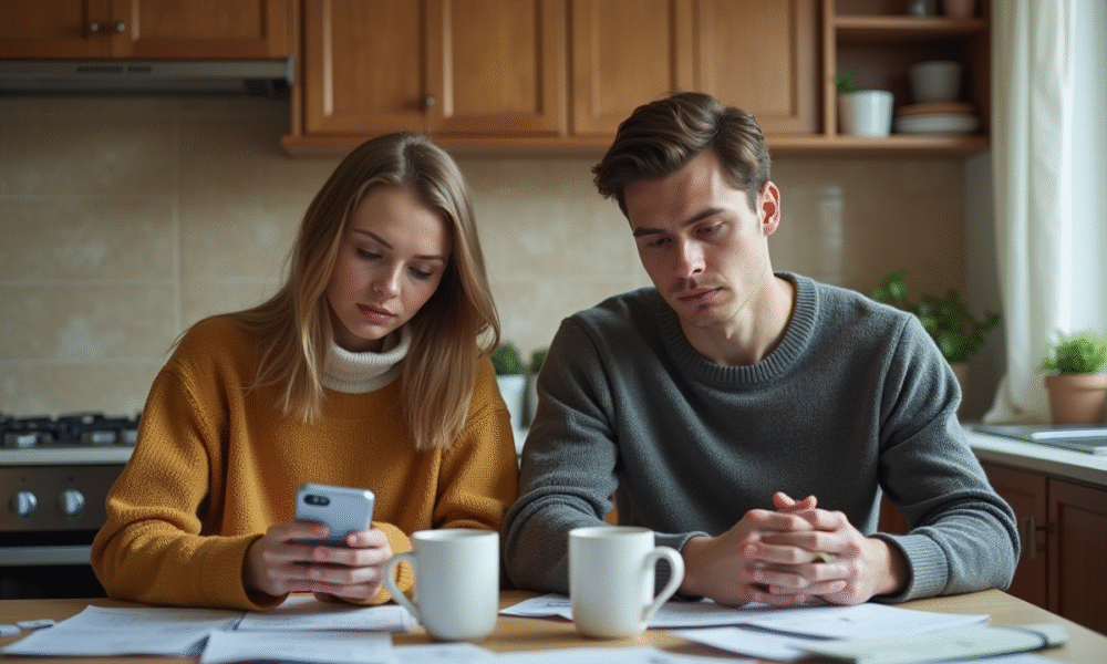 Jeunes adultes à la cuisine avec factures et ordinateur