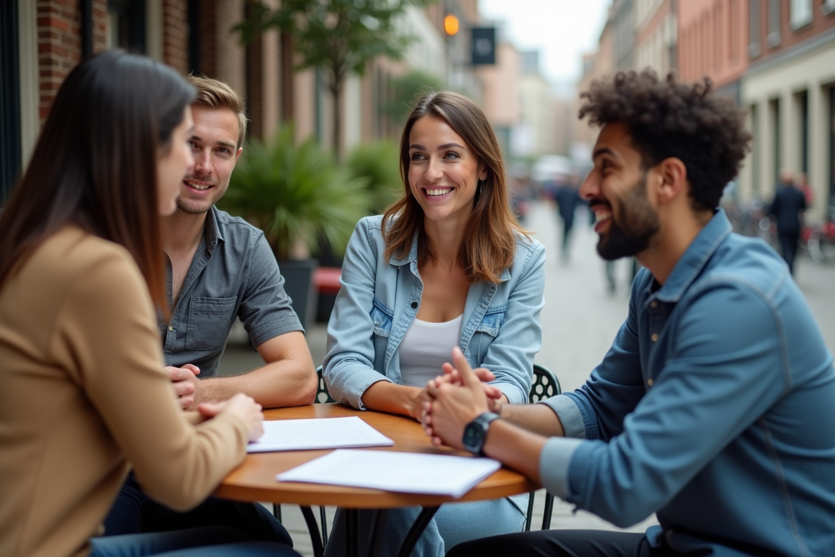 Jeunes professionnels discutant d investissements éthiques