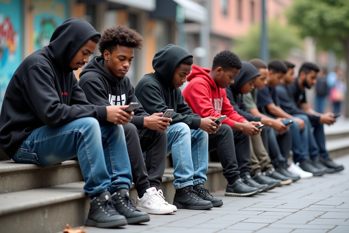 Groupe de jeunes urbains en streetwear dans une place animée
