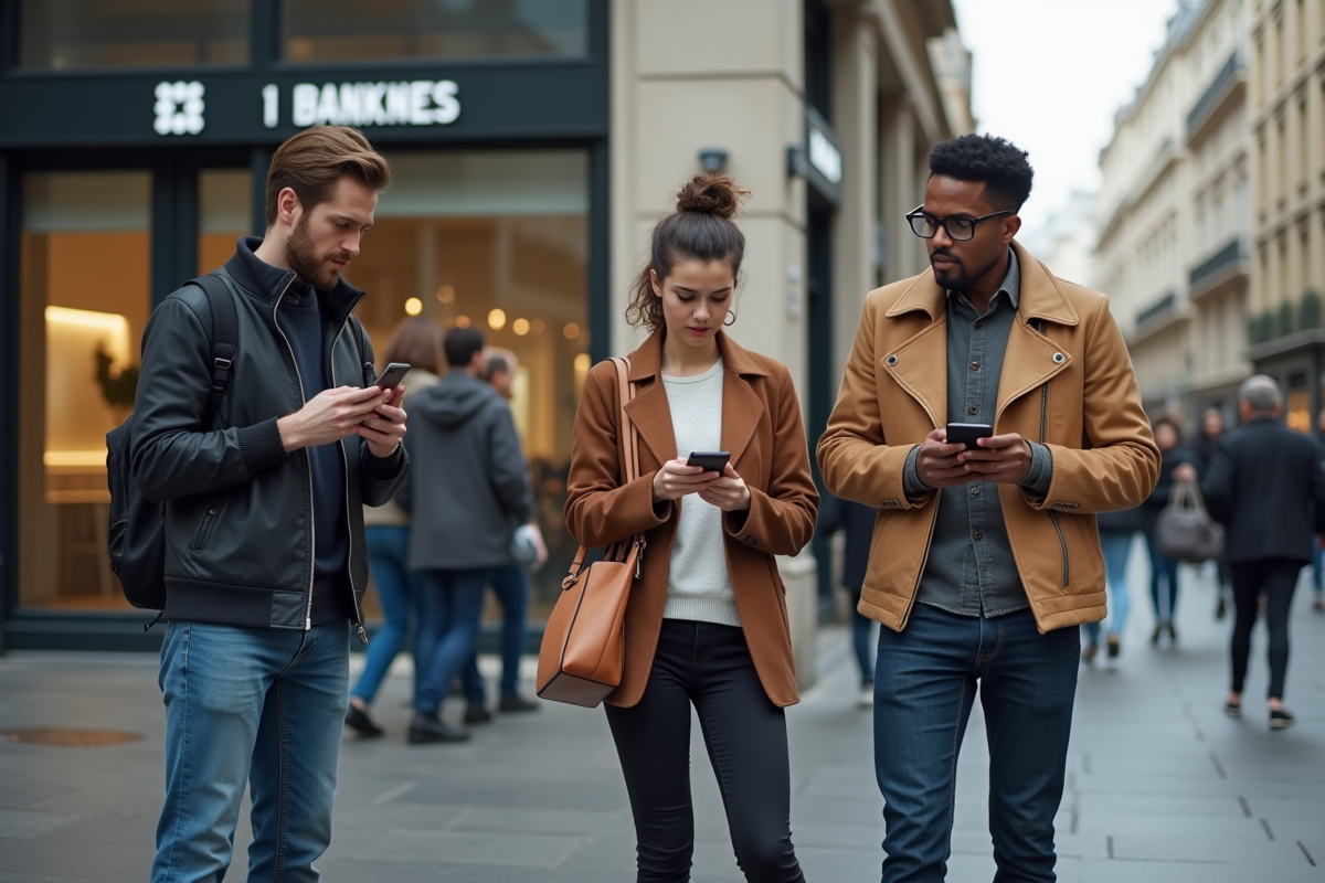 Groupe de jeunes discutant devant une banque en ville