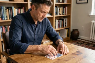 Homme concentré tenant des cartes de bridge à une table en bois dans une salle de jeux confortable