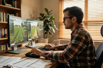 Joueur adulte concentré devant un PC de jeu affichant Simagri France 2, astuces de gestion de ferme virtuelle