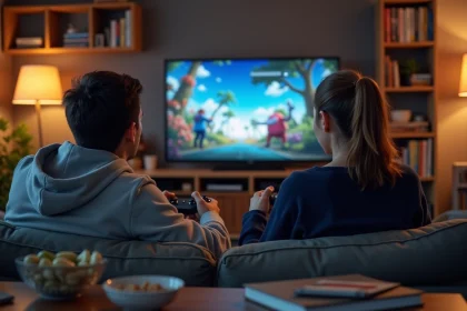 Deux joueurs adultes sur un canapé jouant à un jeu en coopération locale sur grand écran