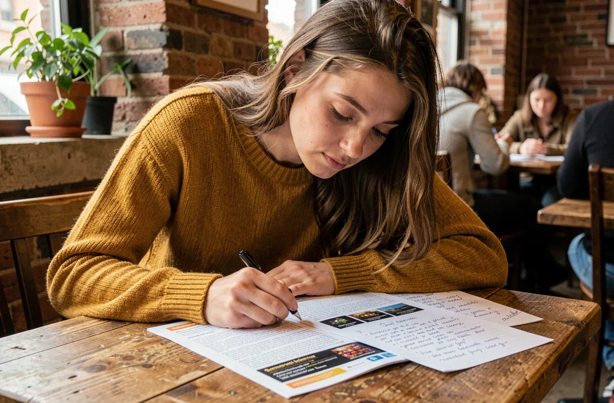 Jeune joueuse étudiant un guide de quête manuscrit pour un jeu de rôle en ligne dans un café urbain chaleureux