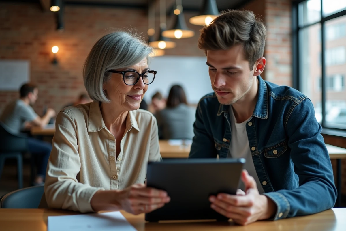 Journaliste et expert technique analysant ensemble l'historique d'un domaine internet détourné sur une tablette dans un espace de coworking