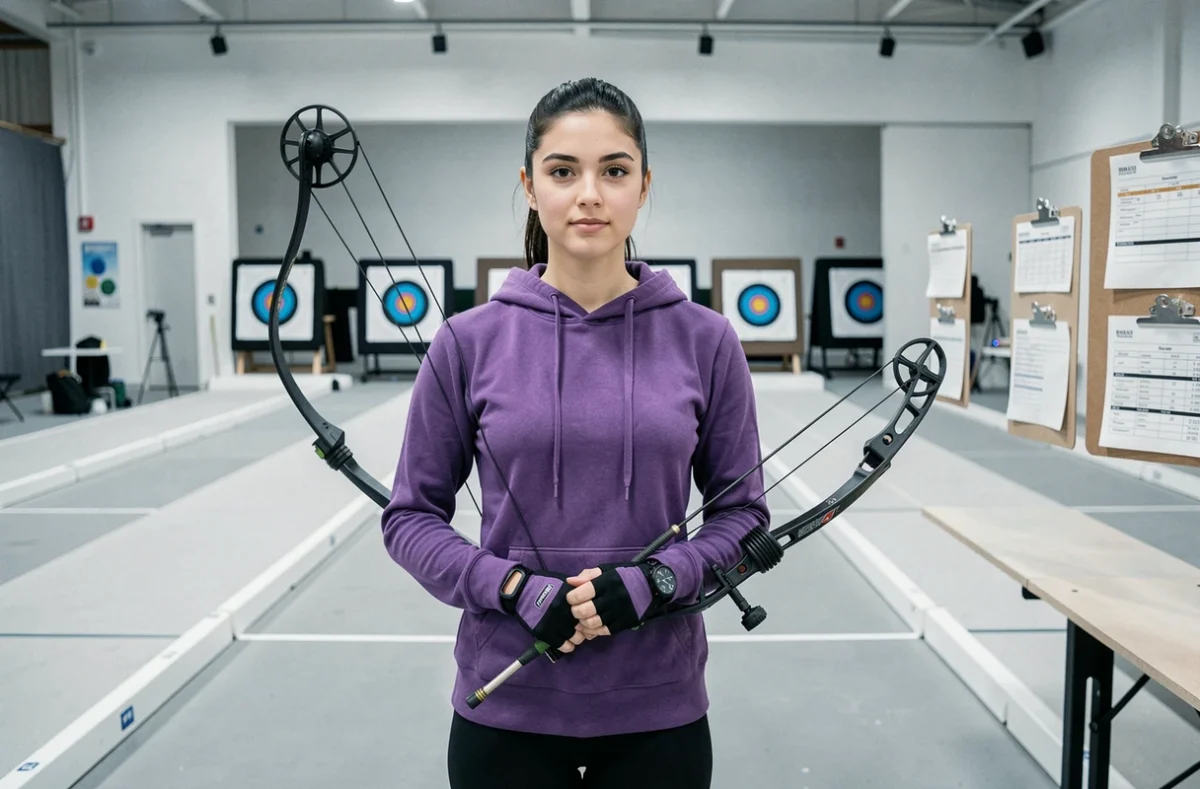 Jeune femme archer confiante dans un stand de tir intérieur moderne, incarnant le personnage de Kate Bishop, alias Hawkeye, dans les comics Marvel