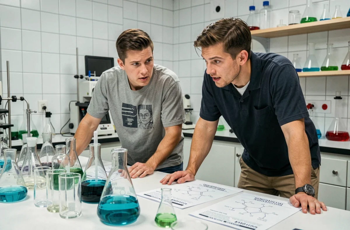 Deux joueurs analysant des indices scientifiques dans le décor de laboratoire du Labo Escape Game à Lille
