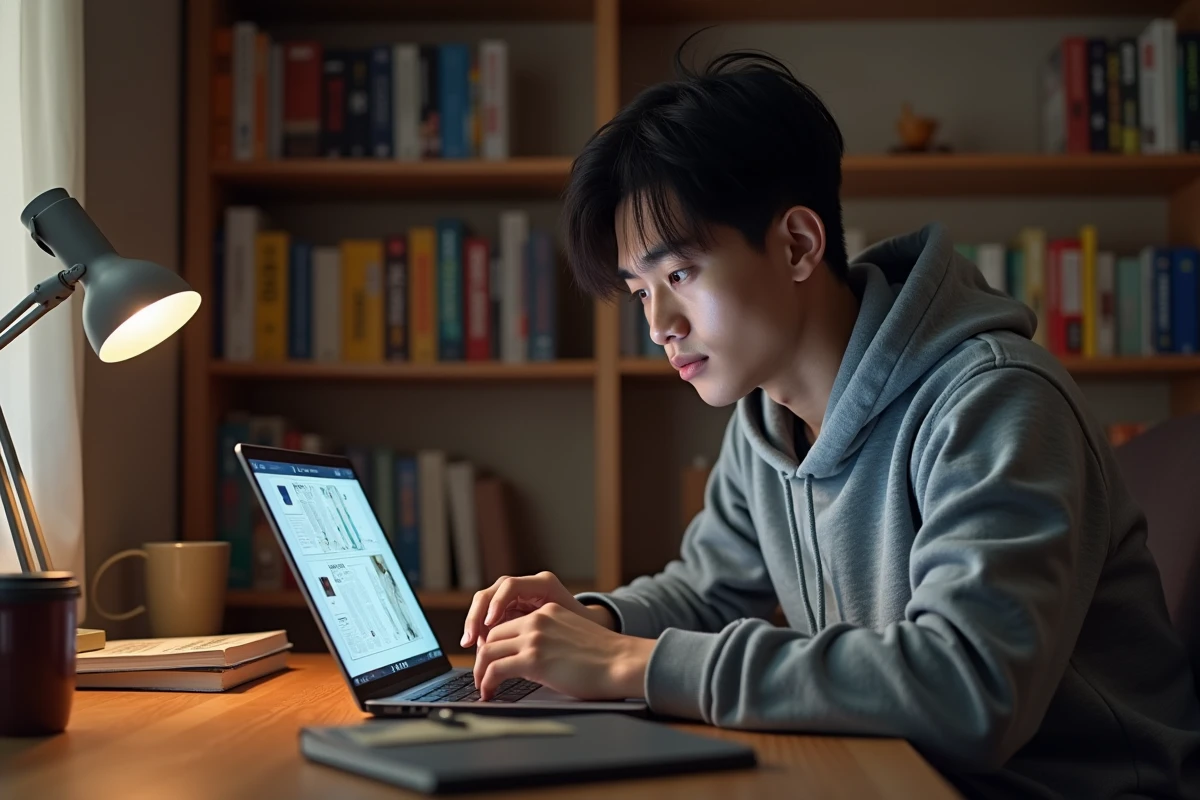 Jeune homme lisant un manhwa en version française sur son ordinateur portable dans une chambre cosy avec des étagères de mangas en arrière-plan