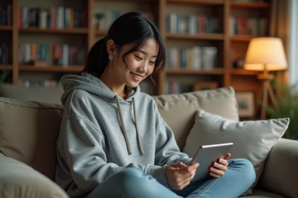 Jeune femme lisant des scans manga sur une tablette dans un salon cosy entouré de volumes manga