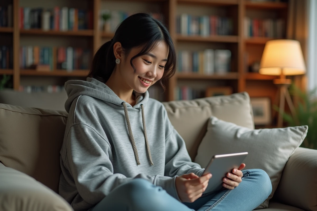 Jeune femme lisant des scans manga sur une tablette dans un salon cosy entouré de volumes manga