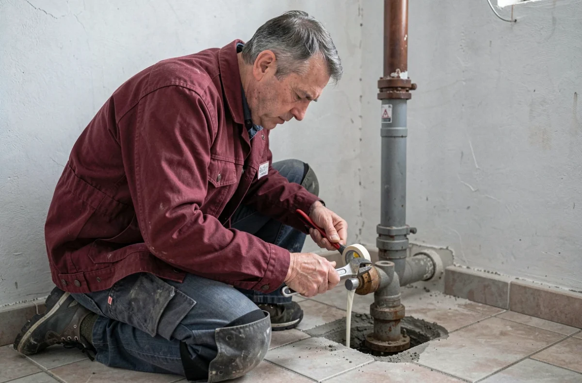 Plombier Ledouble Fabrice scellant un joint de canalisation sanitaire dans la salle de bain d'une maison ardennaise