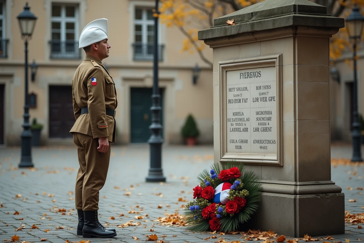 Légionnaire français en képi blanc devant un monument aux morts lors d'une cérémonie de commémoration en village