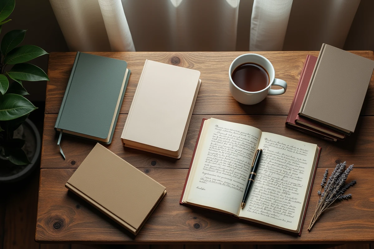 Mise en scène de livres de poésie et récits des Éditions ACALA sur une table en bois avec carnet manuscrit et stylo plume