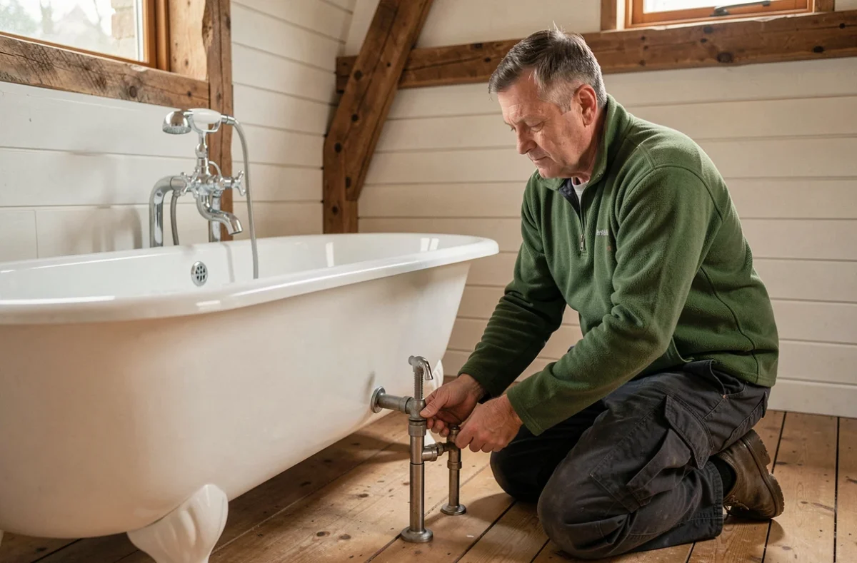 Plombier Maillard Emmanuel connectant la robinetterie d'une baignoire îlot dans un gîte ardennais rénové