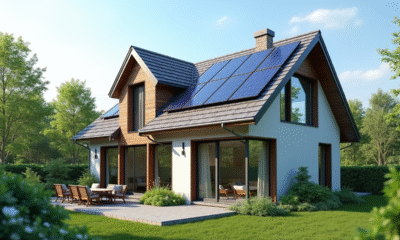 Maison moderne avec panneaux solaires et fenêtres triple vitrage