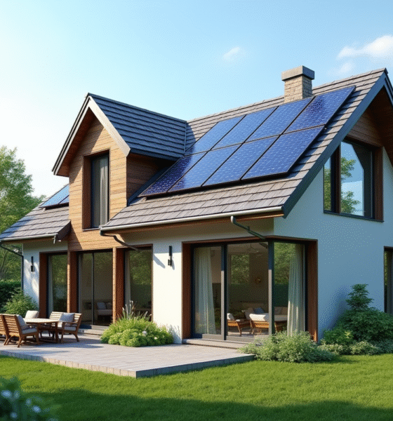 Maison moderne avec panneaux solaires et fenêtres triple vitrage