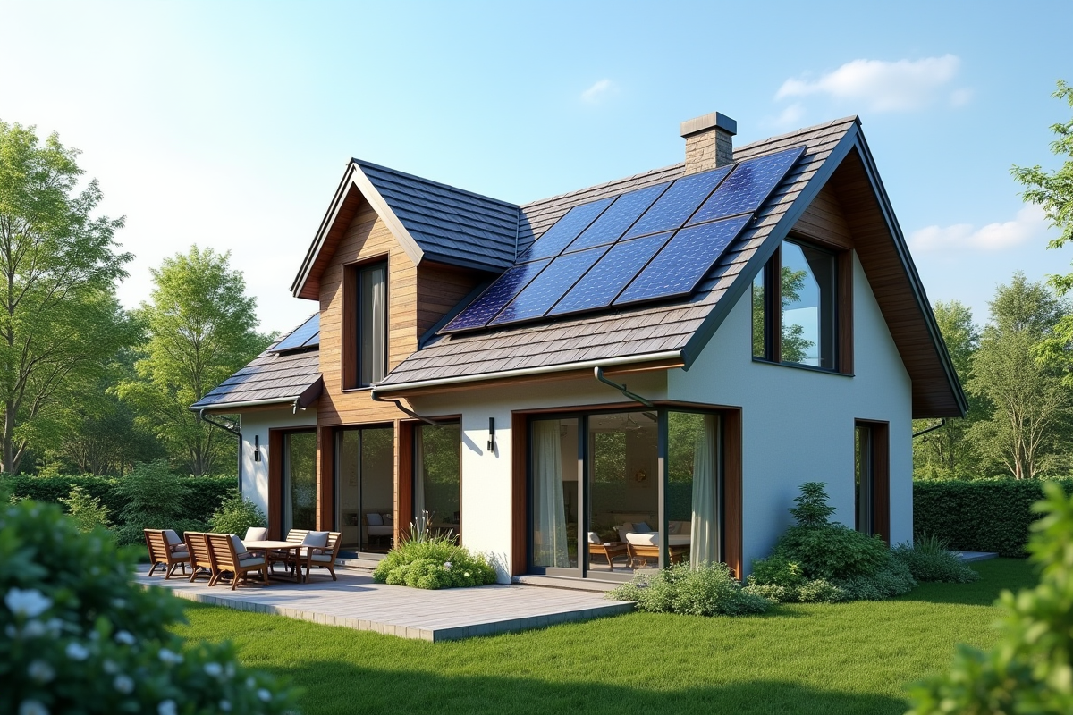 Maison moderne avec panneaux solaires et fenêtres triple vitrage