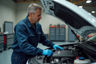 Mécanicien homme examinant un moteur hybride en atelier