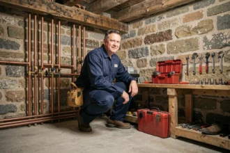 Plombier professionnel travaillant dans une cave en pierre typique des Ardennes, entouré d'outils et de tuyaux en cuivre