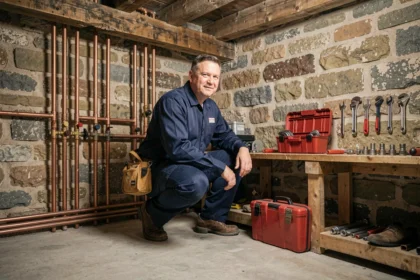 Plombier professionnel travaillant dans une cave en pierre typique des Ardennes, entouré d'outils et de tuyaux en cuivre