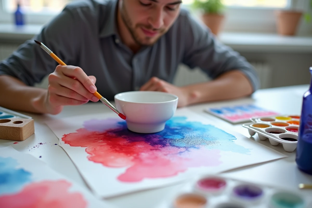 Artiste masculin mélangeant des aquarelles rouge et bleue dans un godet blanc pour obtenir une teinte lavande translucide